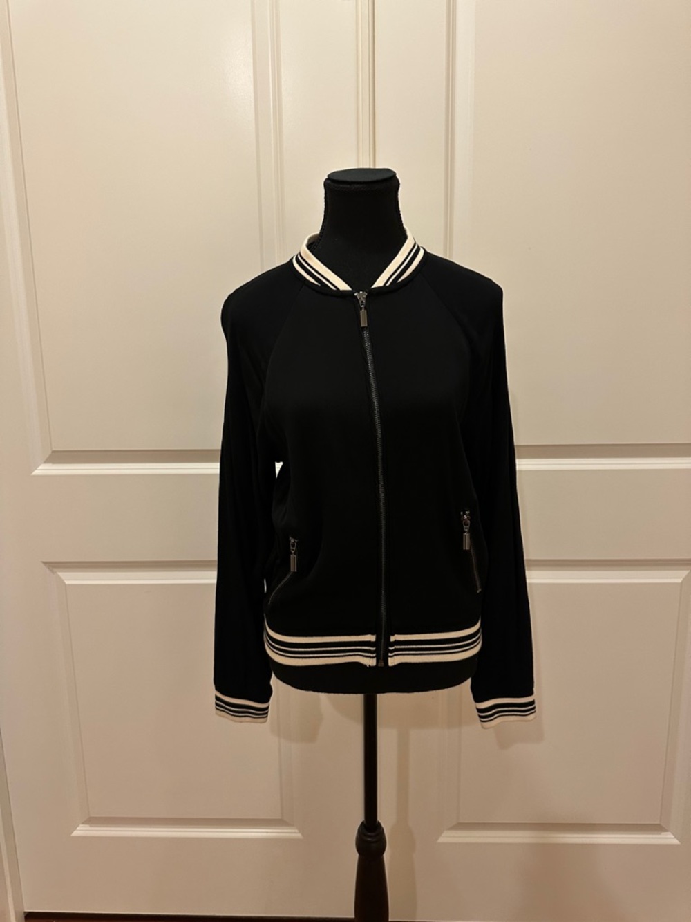 Xhilaration Black Bomber Jacket with White Stripe Trim